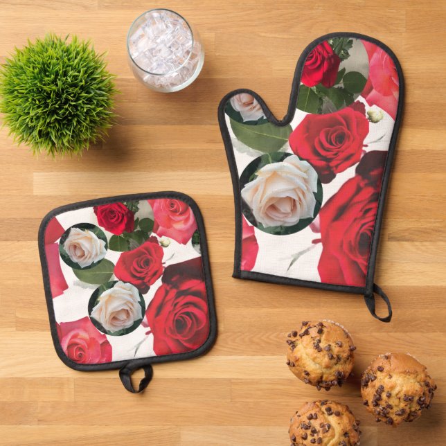 Set De Manoplas Clásico rojo de flores, crema, polvorientas rosas  (De arriba hacia abajo)