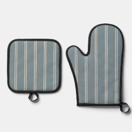 Set De Manoplas Classic Farmhouse Ticking Stripe | Blue Grey Agave