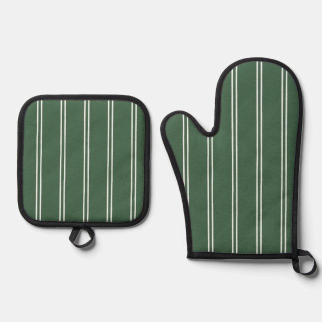 Set De Manoplas Classic Farmhouse Ticking Stripe | Forest Green (Anverso)