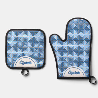 Set De Manoplas Clave de meandro griego azul personalizada