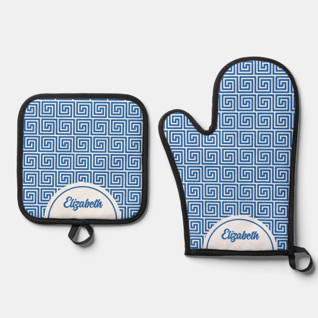 Set De Manoplas Clave de meandro griego azul personalizada (Anverso)