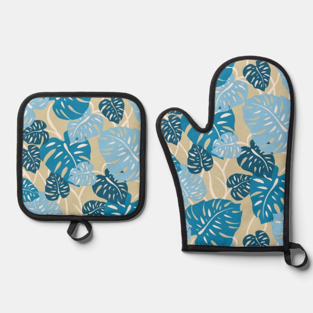 Set De Manoplas Cliff Hanger Hawaiian Monstera Leaf Denim Blues (Anverso)