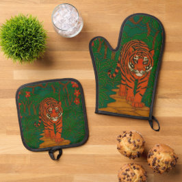 Set De Manoplas Cloisonne Art Tiger on the Jungle Path