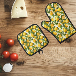 Set De Manoplas Cocina Amarilla Limones Regalo Chef Cocinar