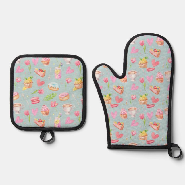 Set De Manoplas Cocina con amor. Delantal con estampado total (Anverso)