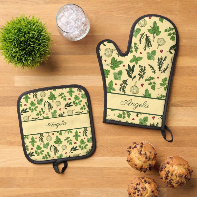 Set De Manoplas Cocina con estampado de hierbas de jardín estilo c (De arriba hacia abajo)