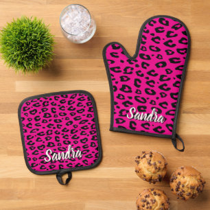 Set De Manoplas Cocina con estampado de leopardo rosa caliente
