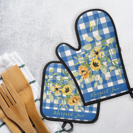Set De Manoplas Cocina de campo monograma floral nombre plaid azul