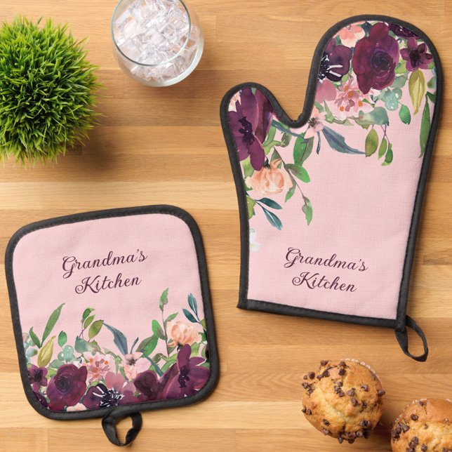 Set De Manoplas Cocina de la abuela Borgoña Rubor Floral rosa (Burgundy & Blush Pink Floral Grandma's Kitchen Oven Mitt Set)