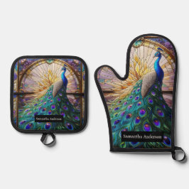 Set De Manoplas Cocina de lujo: Peacock de vidrio manchado