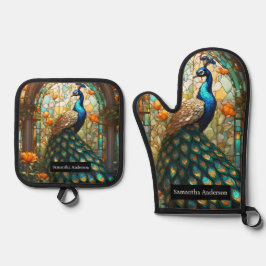 Set De Manoplas Cocina de lujo: Peacock de vidrio manchado