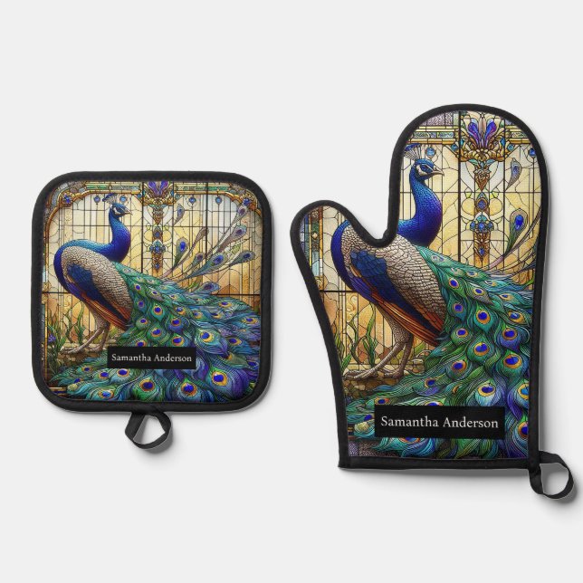 Set De Manoplas Cocina de lujo: Peacock de vidrio manchado (Anverso)