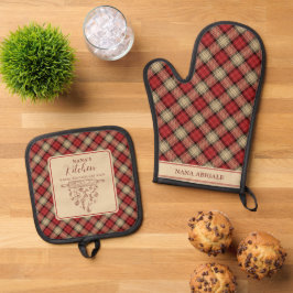 Set De Manoplas Cocina de Nana a Cuadros Tartán Rojo y Beige Elega