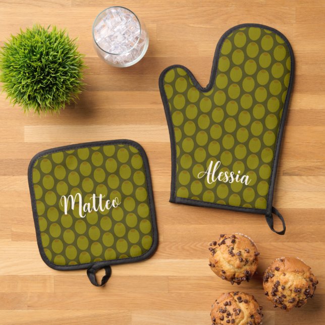 Set De Manoplas Cocina de oliva verde personalizada (De arriba hacia abajo)