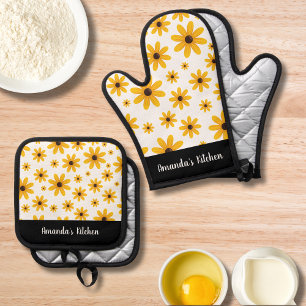 Set De Manoplas Cocina floral blanca amarilla personalizada