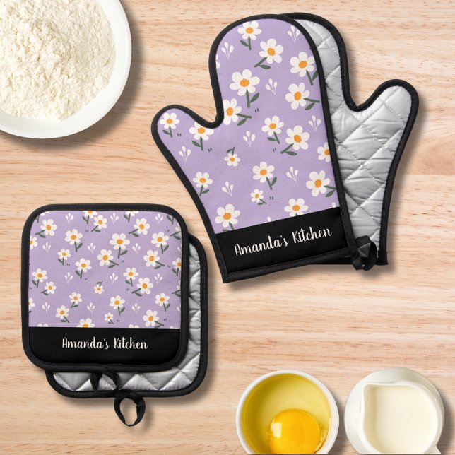 Set De Manoplas Cocina floral blanca púrpura personalizada (Subido por el creador)