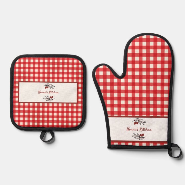 Set De Manoplas Cocina italiana personalizada de Red Gingham (Anverso)