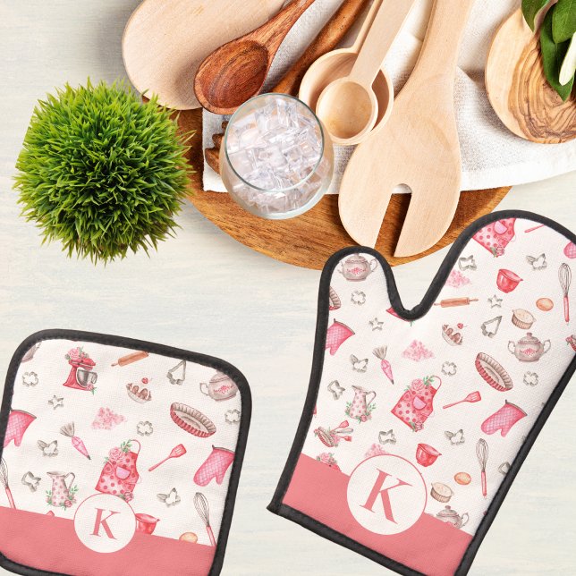 Set De Manoplas Cocina Monogramada de Acuarela Rosa (Subido por el creador)