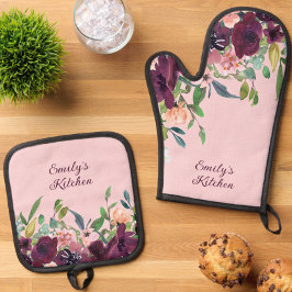 Set De Manoplas Cocina personalizada Burgundy Pink Floral