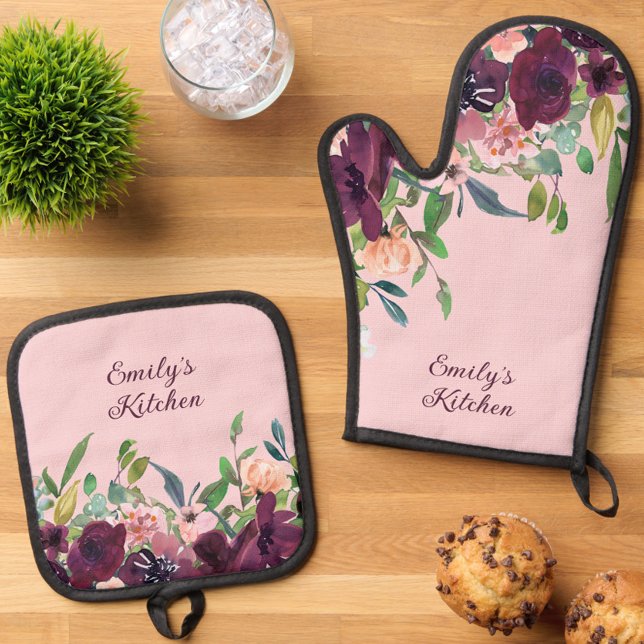 Set De Manoplas Cocina personalizada Burgundy Pink Floral (Personalized Name Kitchen Burgundy & Blush Pink Floral Oven Mitt Set)