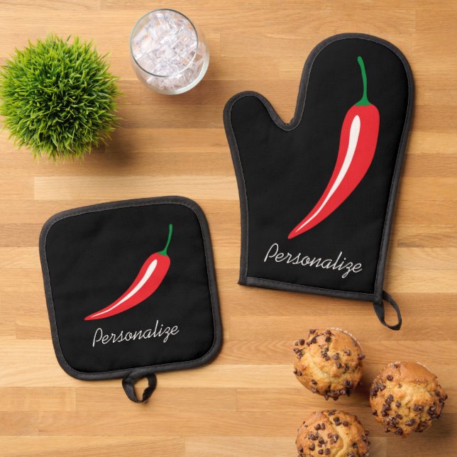 Set De Manoplas Cocina personalizada con pimienta picante roja (De arriba hacia abajo)
