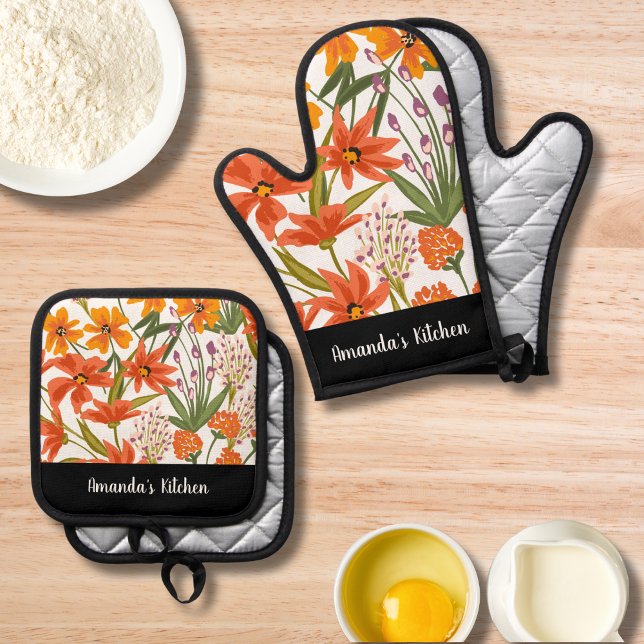 Set De Manoplas Cocina personalizada de escritura floral roja pers (Subido por el creador)