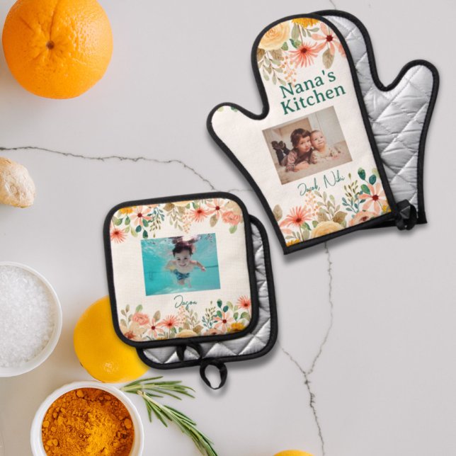 Set De Manoplas Cocina personalizada de la abuela de la Collage de (Personalized Photo Collage Nana Grandma's Kitchen Oven Mitt & Pot Holder Set)