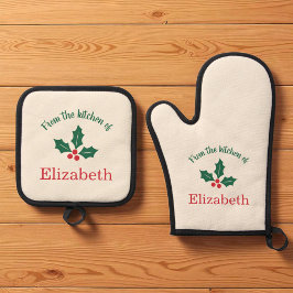 Set De Manoplas Cocina personalizada de Navidad con acebo y bayas