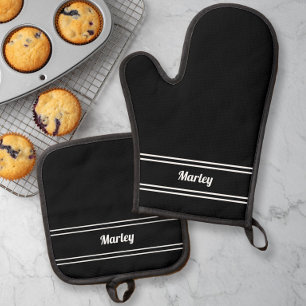 Set De Manoplas Cocina Repostería Nombre Personalizado Negro y Bla