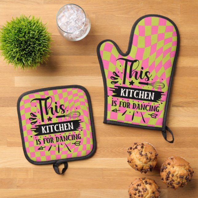 Set De Manoplas Cocina retro divertida diciendo verde rosado (De arriba hacia abajo)