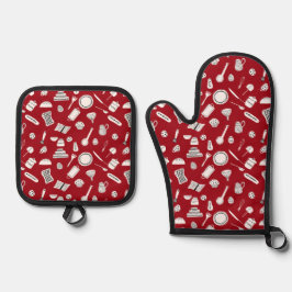 Set De Manoplas Cocina Retro Rojo