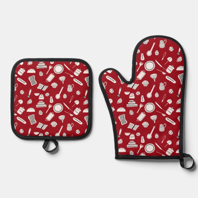 Set De Manoplas Cocina Retro Rojo (Anverso)