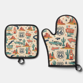 Set De Manoplas Cocina Retro Ruta 66 Calor de Viaje por Carretera