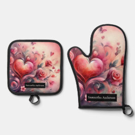 Set De Manoplas Cocina romántica: Corazones abstractos