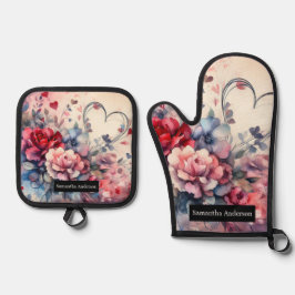 Set De Manoplas Cocina romántica: Corazones abstractos