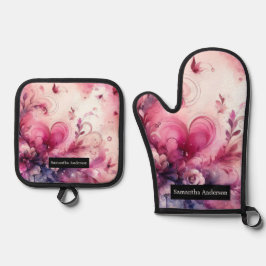 Set De Manoplas Cocina romántica: Corazones abstractos