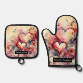 Set De Manoplas Cocina romántica: Corazones abstractos