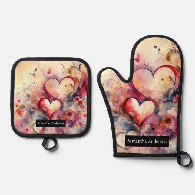 Set De Manoplas Cocina romántica: Corazones abstractos (Anverso)