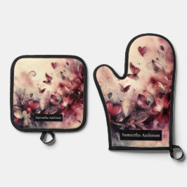 Set De Manoplas Cocina romántica: Corazones abstractos