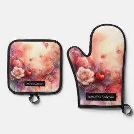 Set De Manoplas Cocina romántica: Corazones abstractos