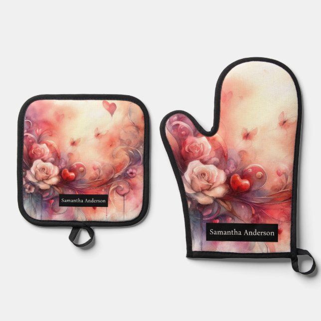 Set De Manoplas Cocina romántica: Corazones abstractos (Anverso)
