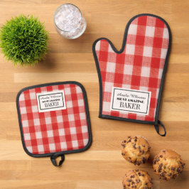 Set De Manoplas Cocinero personalizado de verificación roja