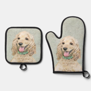 Set De Manoplas Cocker Spaniel Pintura Buff Gold Original Dog Art