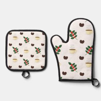 Set De Manoplas Coffee Pattern with Beans, Cups, and Coffee trees