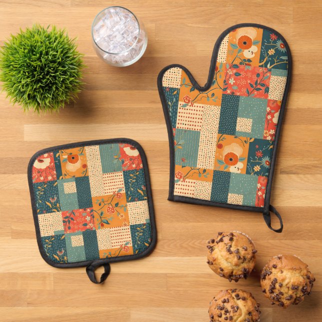 Set De Manoplas Colcha-Retro-Flor-Patchwork (De arriba hacia abajo)