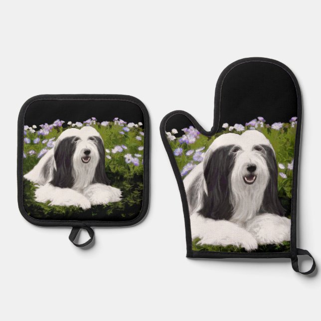 Set De Manoplas Collie Beardie Black Painting Cute Dog Art (Anverso)
