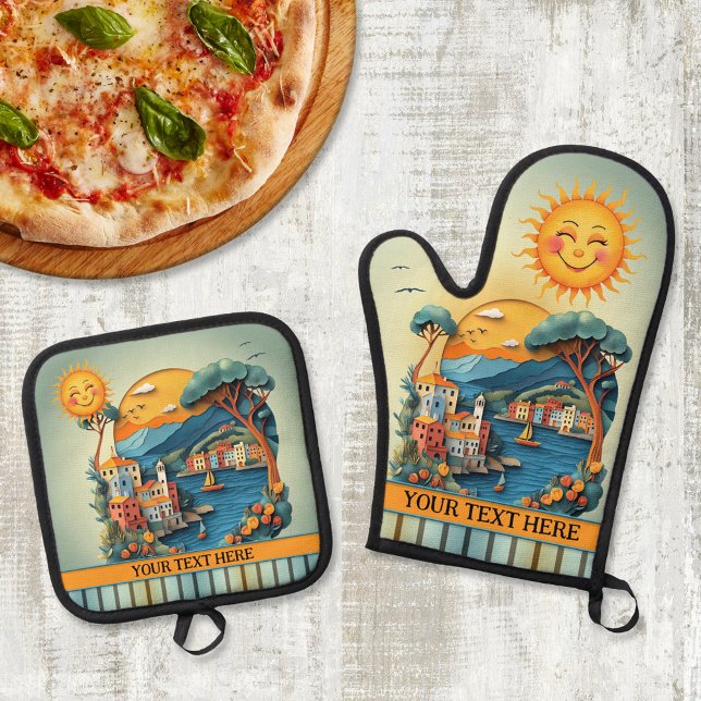 Set De Manoplas Colorful Italian Mediterranean  (Italian oven mitt and pot holder set featuring a colorful illustration in Mediterranean style)