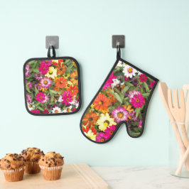 Set De Manoplas Colorida Zinnia Garden Floral