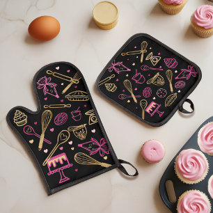 Set De Manoplas Colorido Baking & Cooking Utensil Black Gold Pink