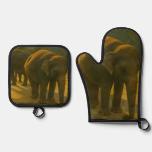 Set De Manoplas Compañeros dorados - Trío de elefantes con luz cál